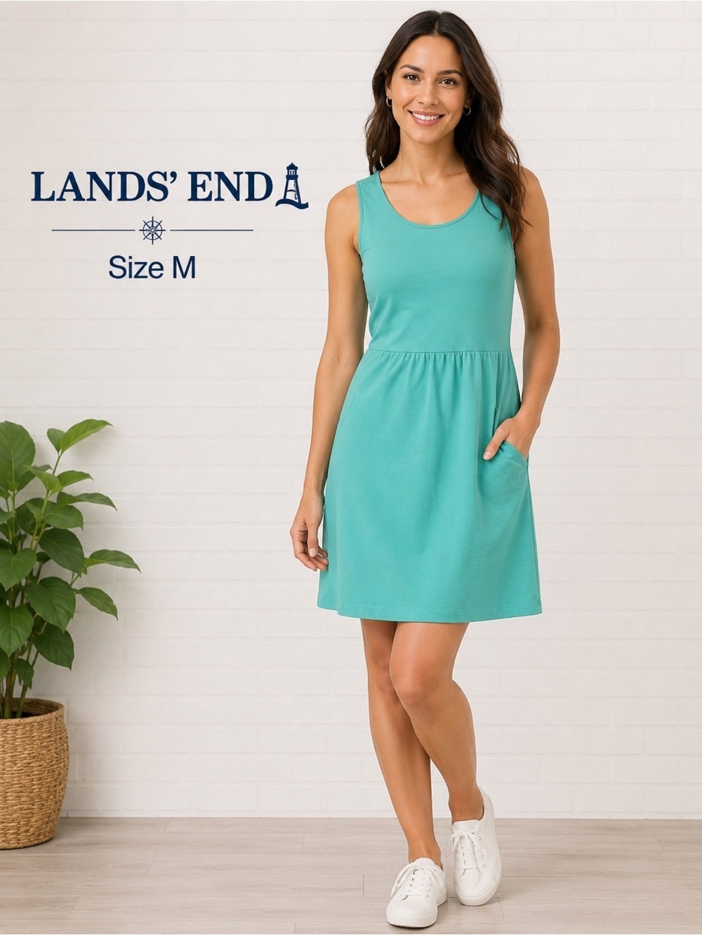 LANDS  END women sleeveless casual summer coastal green dress/size M